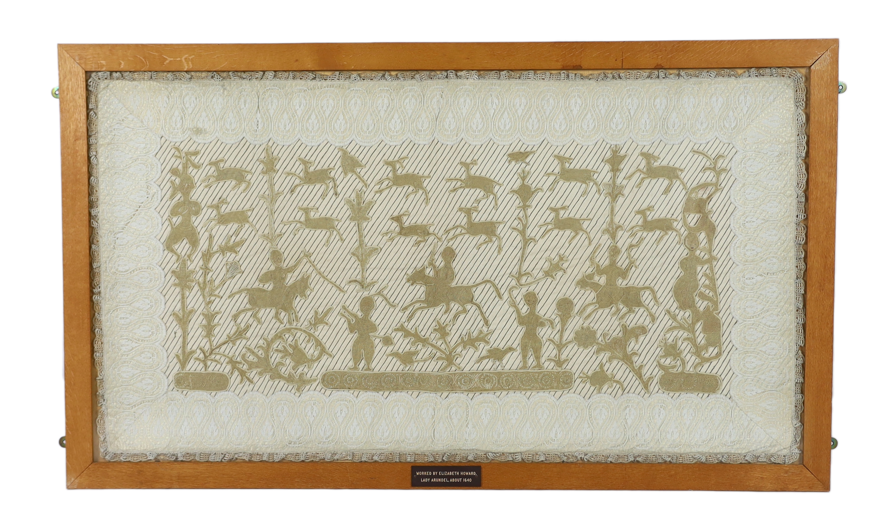 An appliqué needlework panel, from 'Greystoke Castle' depicting a hunting scene, worked by Lady Elizabeth Howard, Countess of Arundel, c.1640